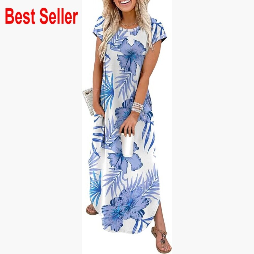 Polyester Spandex Maxi Dress with Pockets Cap Sleeve Crewneck